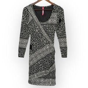 Plenty by Tracy Reese Black Geometric Wrap Ruched Long Sleeve Dress Size S Lined